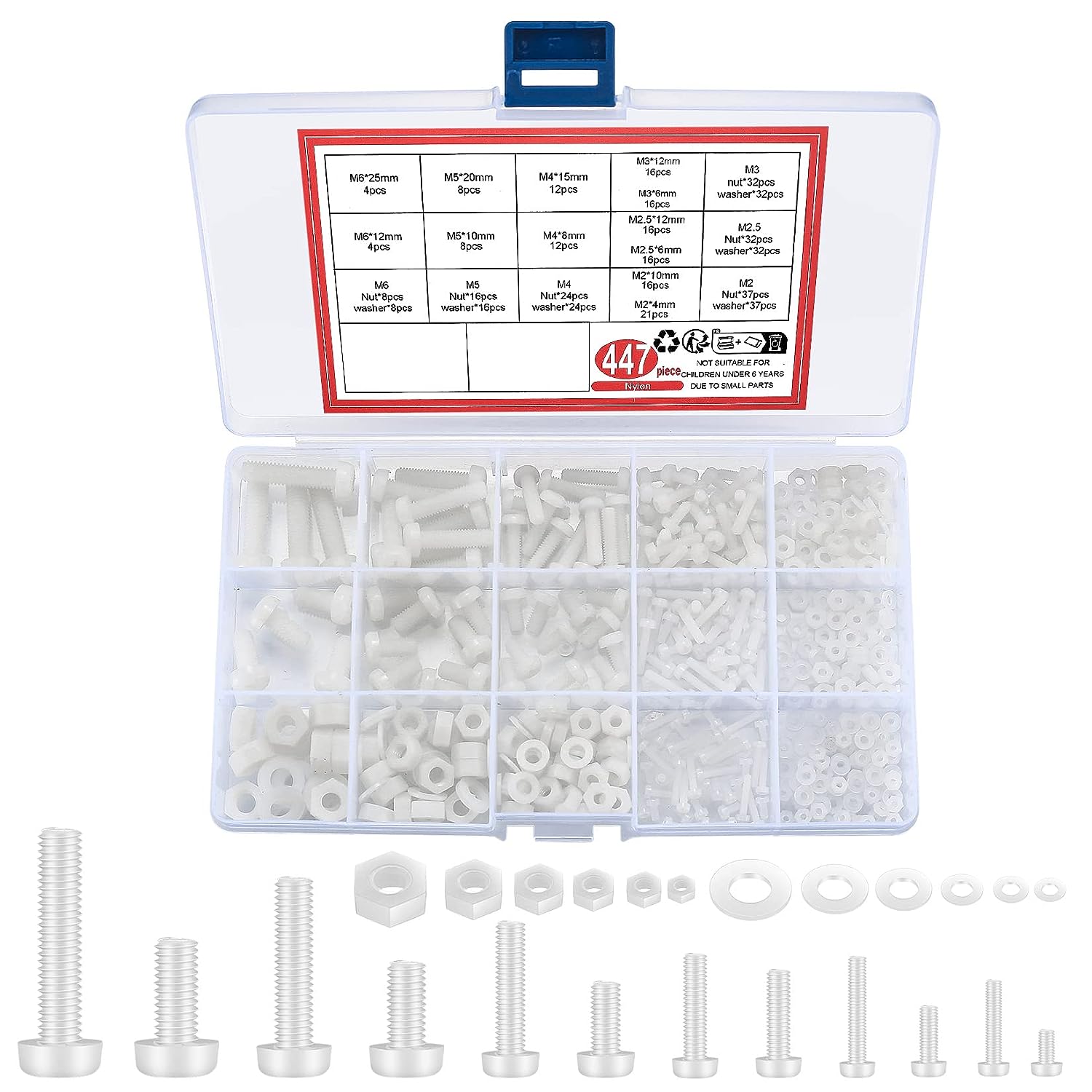 230816044203833_1 447 Pcs White Nylon Plastic Pan Round Head Screws Bolts and Nuts and Gaskets, Metric Full Threaded Hex Head Screws Bolts and Nuts and Washers Assortment Set - M2/M2.5/M3/M4/M5/M6 - Image 1
